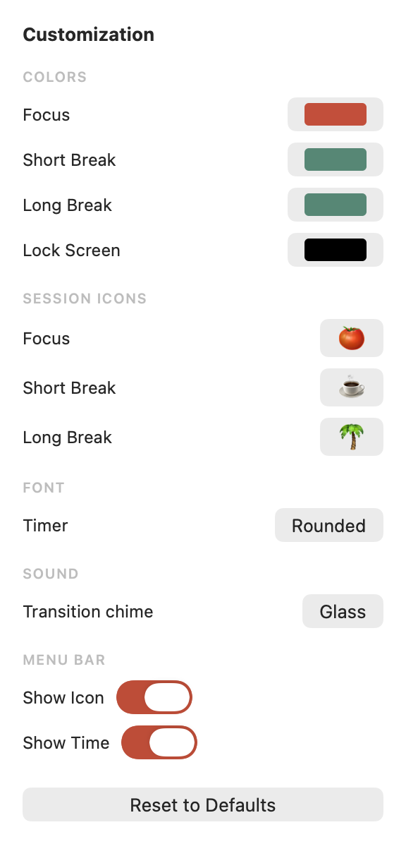 The Sugoso Pro Customization page: colors, session icons, font, sound, and menu bar options