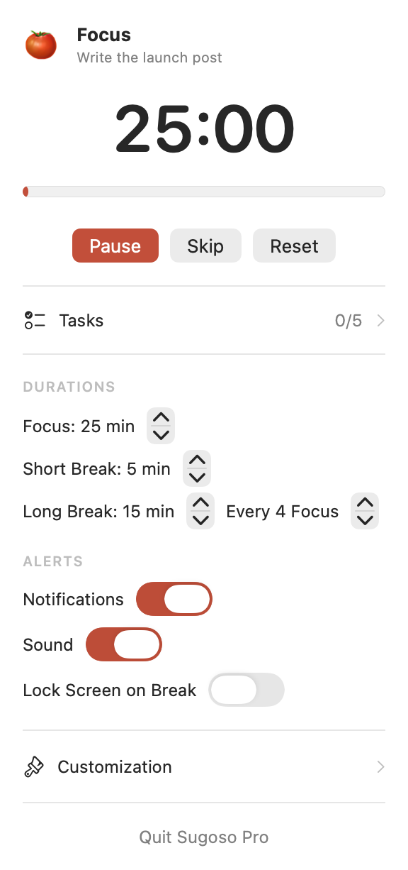 The Sugoso Pro timer panel, mid focus session, with a Customization page button