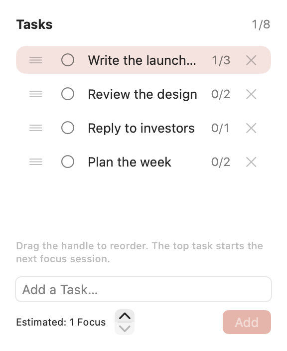 The Sugoso Pro Tasks page with a focus session task list