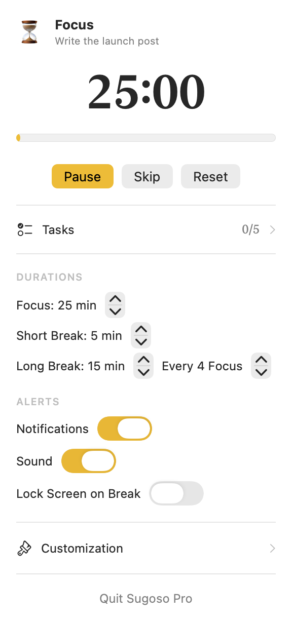 Sugoso Pro in an amber theme with an hourglass icon and serif timer digits