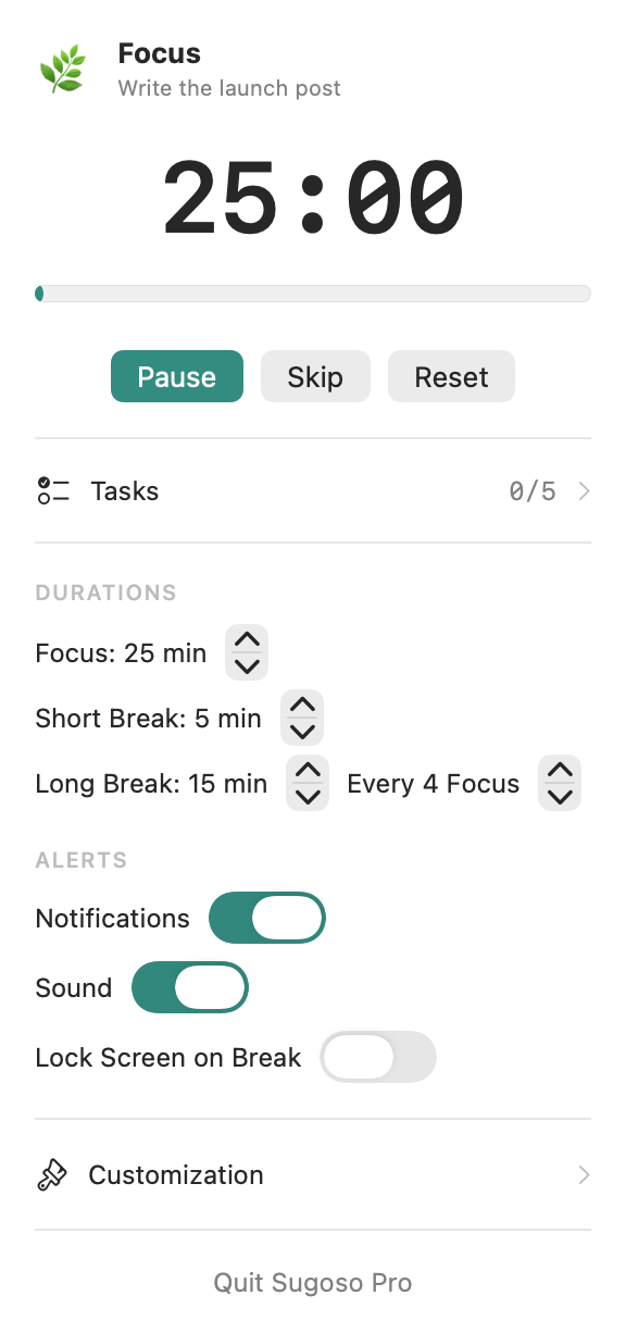 Sugoso Pro in a teal theme with a leaf icon and monospaced timer digits